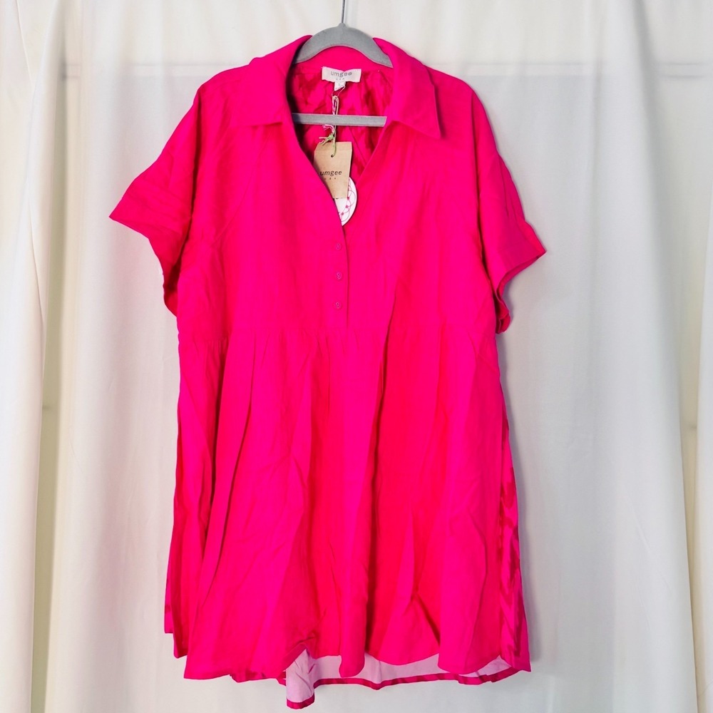 Umgee Dress Womens Size Small Hot Pink Short Sleeve Tiered Linen Blend Baby Doll